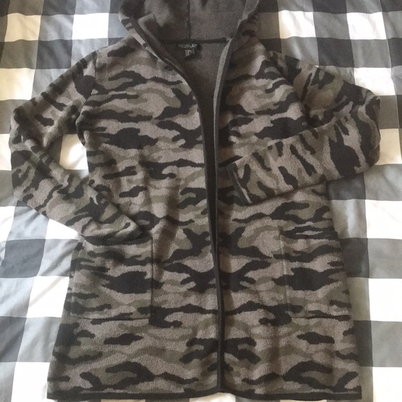 RACHEL ZOE Oversized CAMO Cardigan Sweater Black Olive Army Green Hood Sz XS S - Picture 9 of 15
